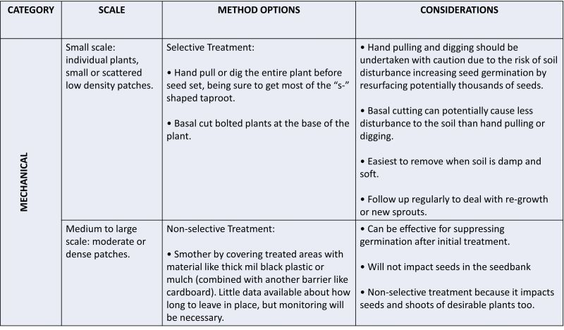 text in a table describing mechanical treatments for Garlic Mustard