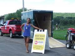 A public access greeter with a watercraft decontamination station